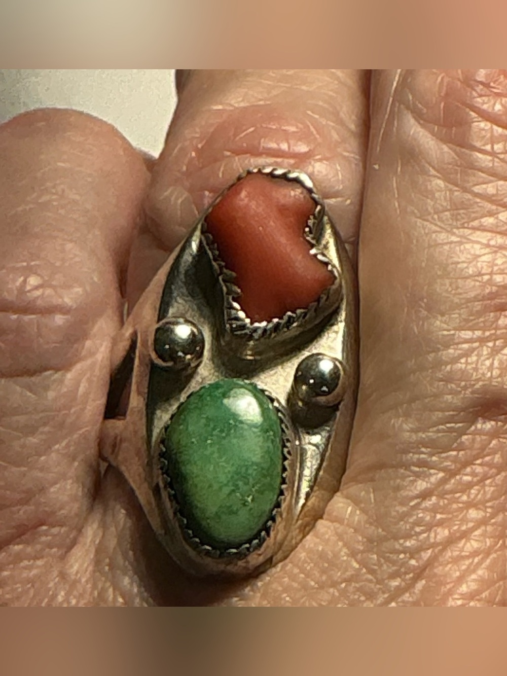 Old Pawn Sterling Silver Navajo Dome Ring Turquoise & Coral Size 6.5 UNISEX VTG